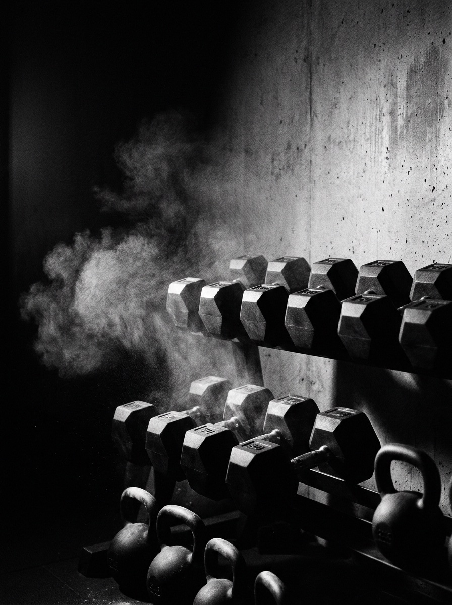 A rack of dumbbells and kettlebells in dramatic light