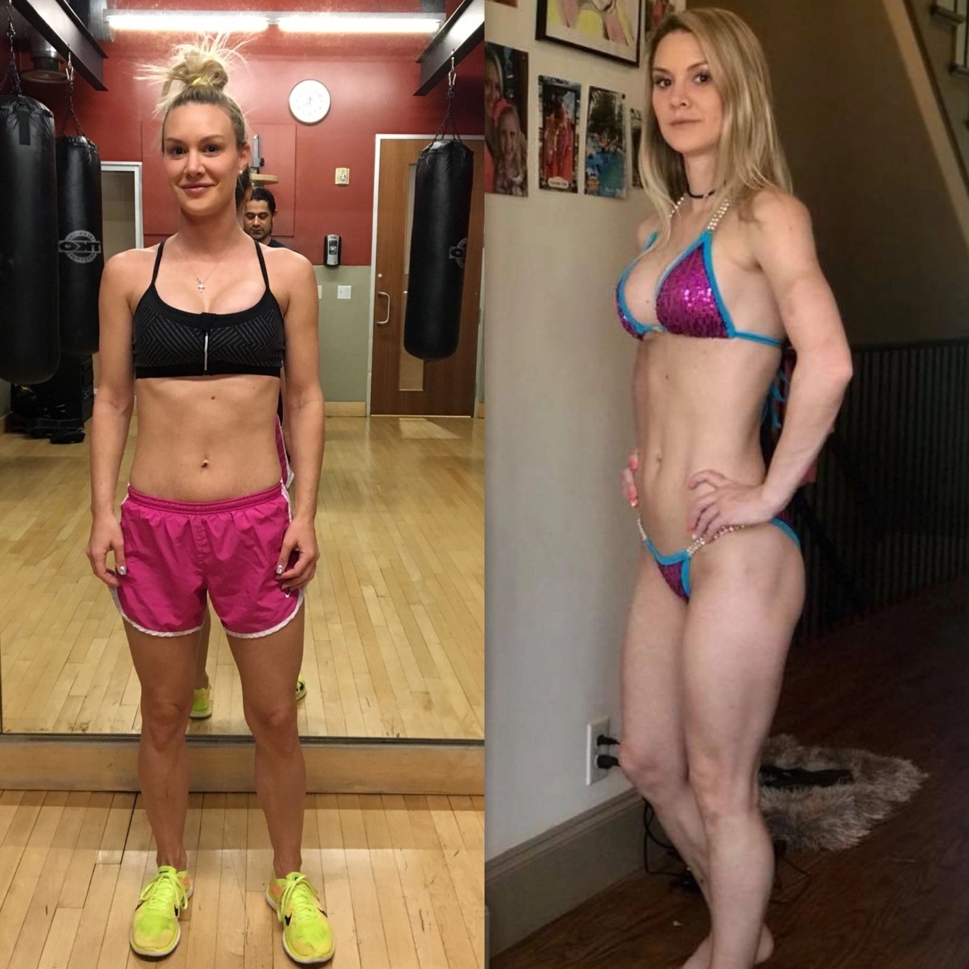 Female client transformation from general fitness to competition-stage conditioning.